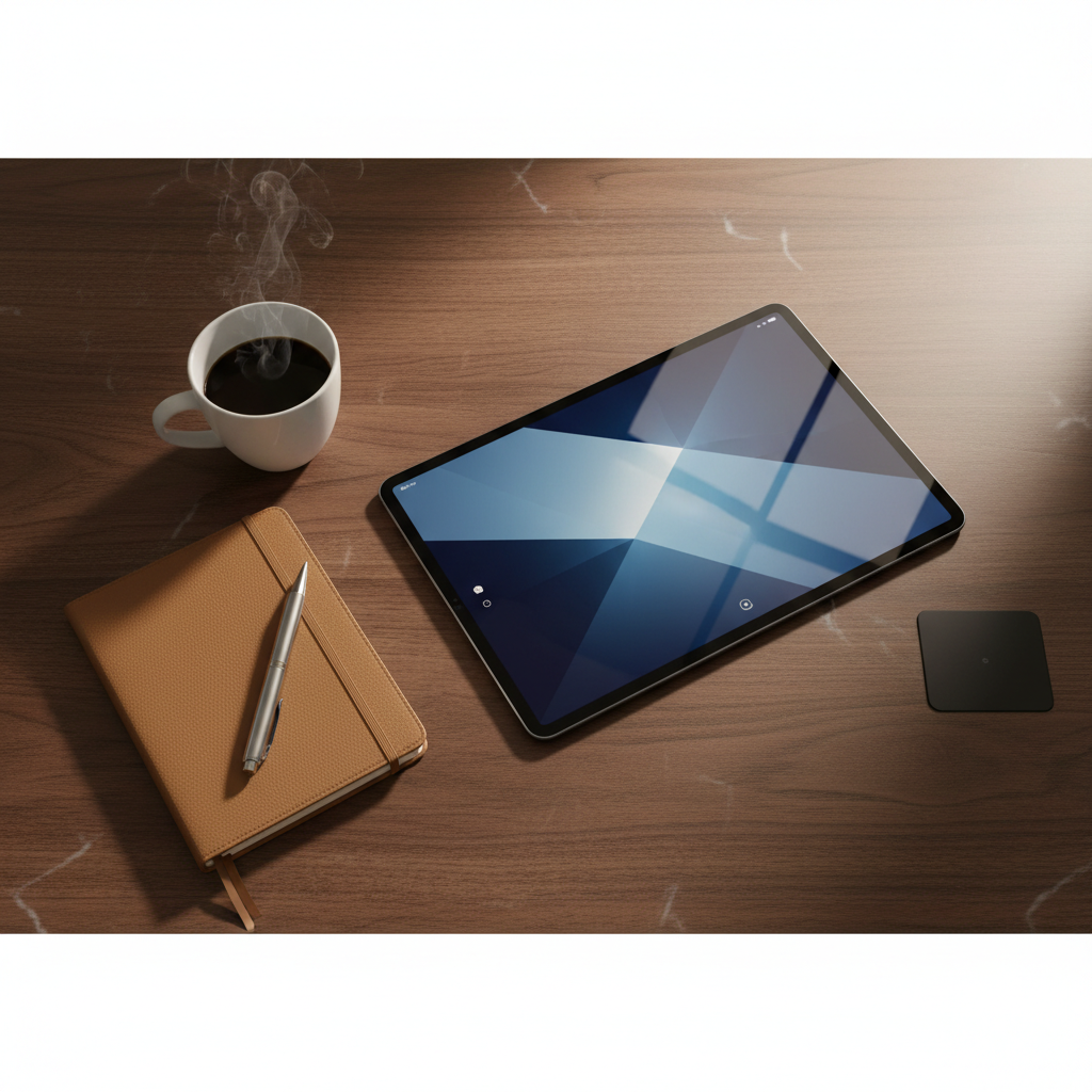 Tableta digital sobre una mesa de madera junto a una libreta con bolígrafo y una taza de café humeante.