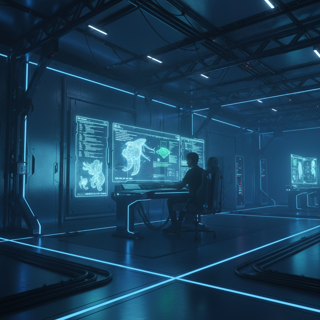 Persona trabajando en una estación de control futurista con pantallas holográficas que muestran datos técnicos y estructuras biológicas en una habitación iluminada con luces de neón azules.