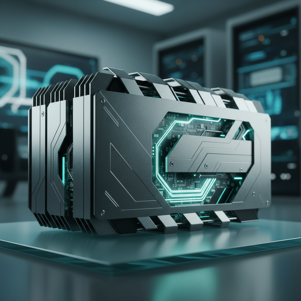 Hardware informático de alto rendimiento con iluminación LED cian y diseño industrial en un centro de datos.