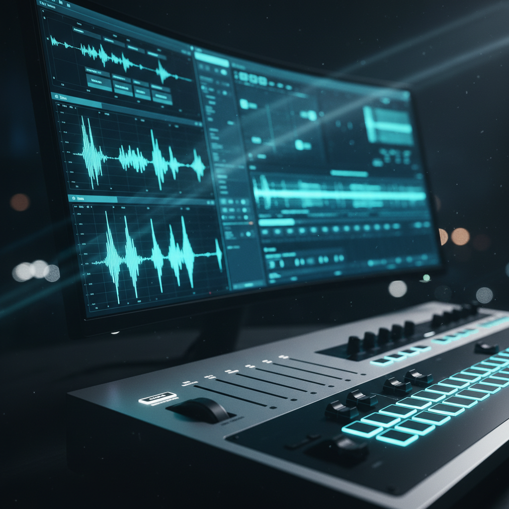 Monitor de estudio mostrando ondas de audio digitales y mesa de mezclas con botones iluminados en un entorno oscuro.