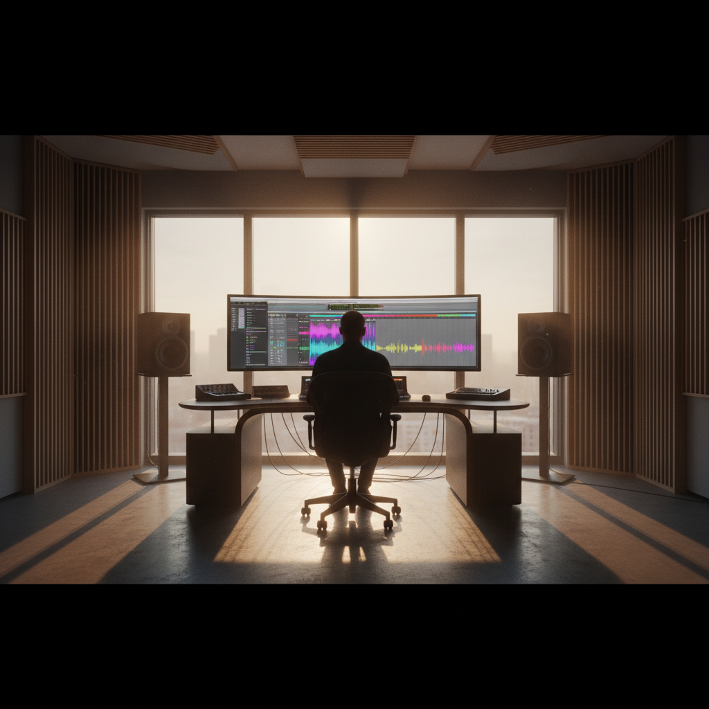 Productor musical trabajando en un estudio de grabación con ordenador, monitores de audio y vistas a la ciudad al atardecer.