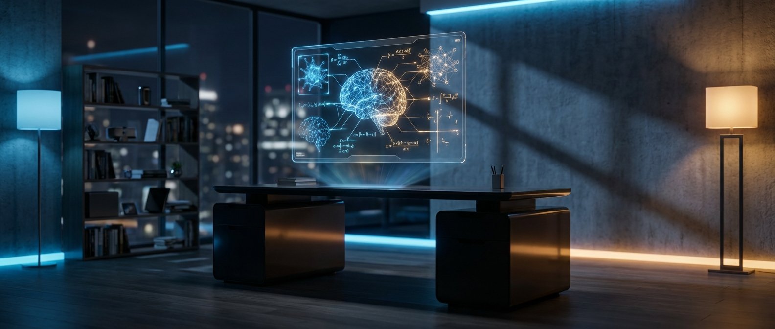Oficina moderna y oscura con un escritorio central y una proyección holográfica de un cerebro 3D, gráficos de redes neuronales y fórmulas científicas. La sala incluye grandes ventanales con vistas a una ciudad iluminada, una estantería con libros y una iluminación ambiental con tiras LED azules y naranjas.