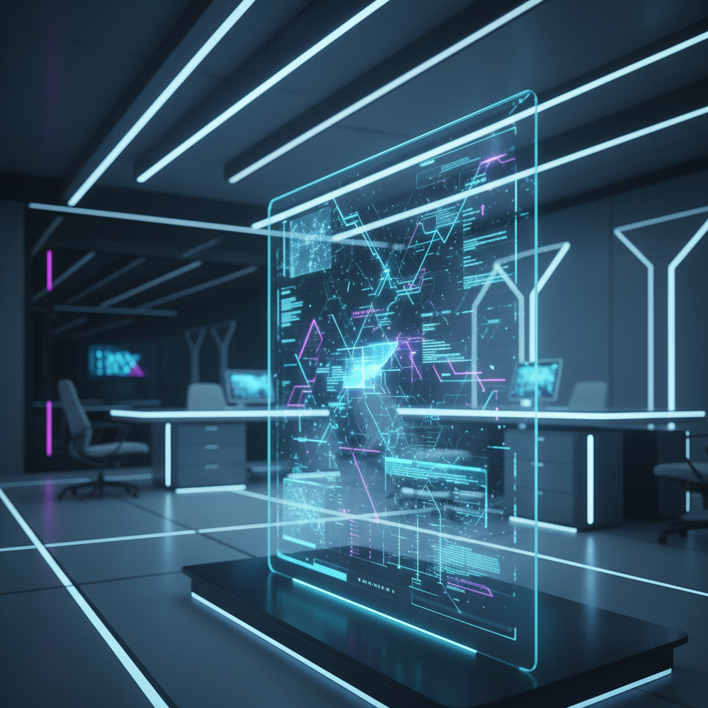 Un panel de visualización de datos holográfico de alta tecnología en un centro de control o oficina moderna con iluminación LED azul.