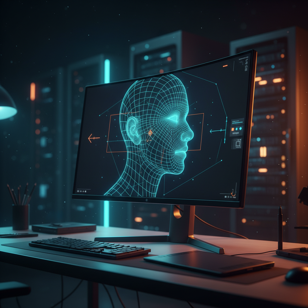 Pantalla de computadora mostrando una estructura geométrica de una cabeza humana en un entorno de servidores.