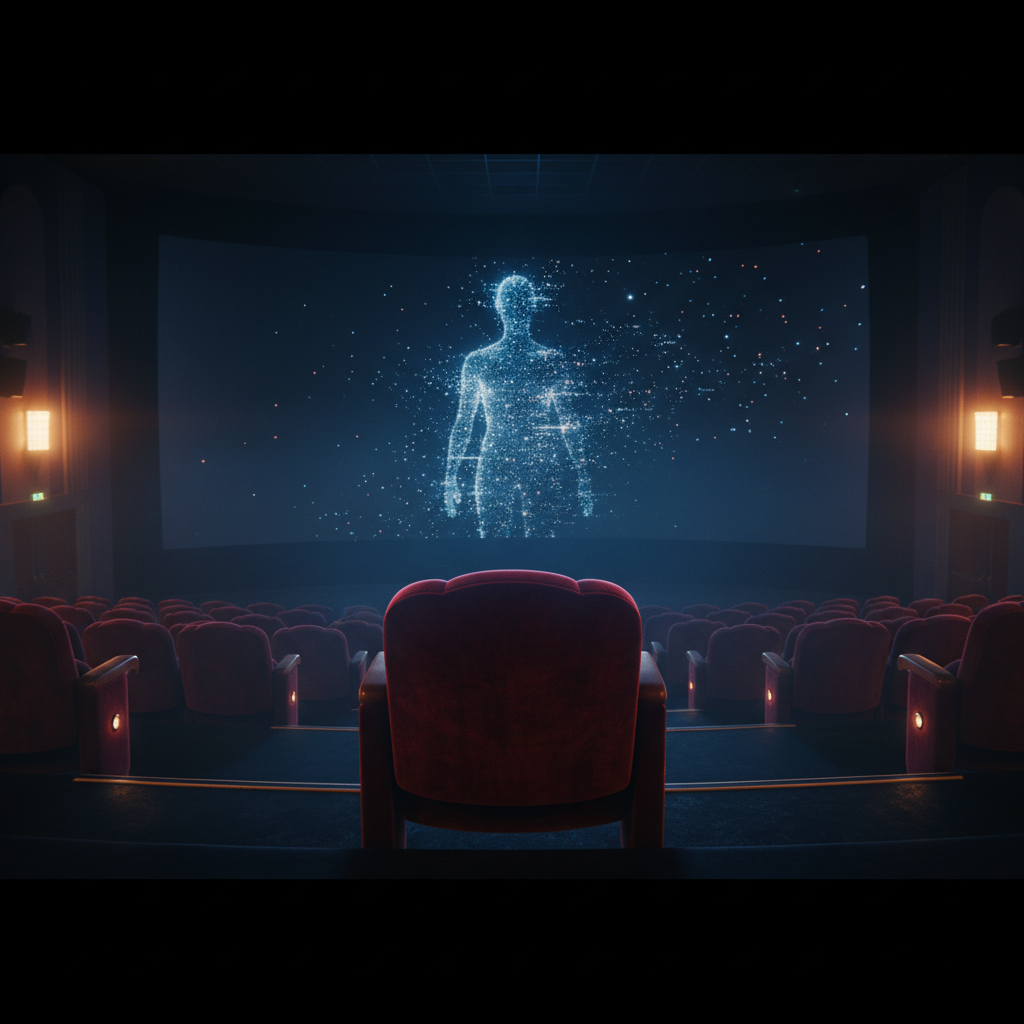 Una sala de cine vacía con una pantalla gigante que muestra la silueta brillante de una figura humana formada por partículas de luz digital.