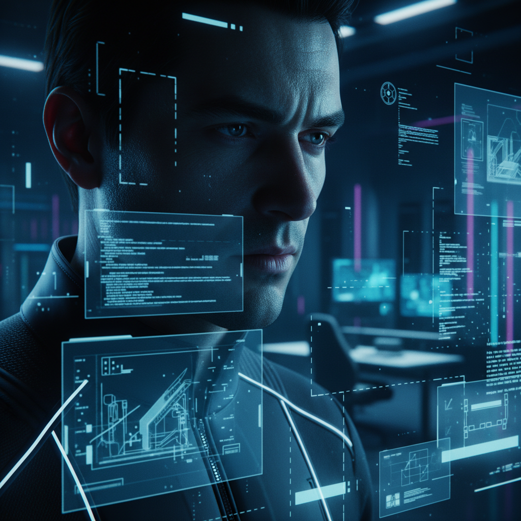 Joven analista observando datos técnicos y gráficos proyectados en una interfaz digital holográfica.