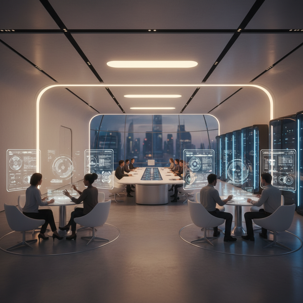Profesionales trabajando con interfaces holográficas digitales en una oficina corporativa moderna con vistas a la ciudad.