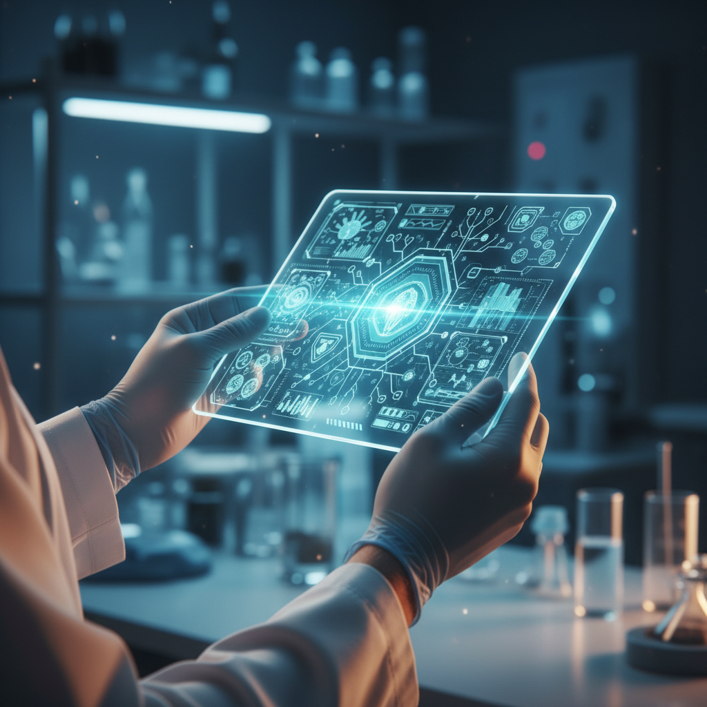 Científico con guantes de látex analizando una interfaz holográfica digital en un laboratorio de investigación.