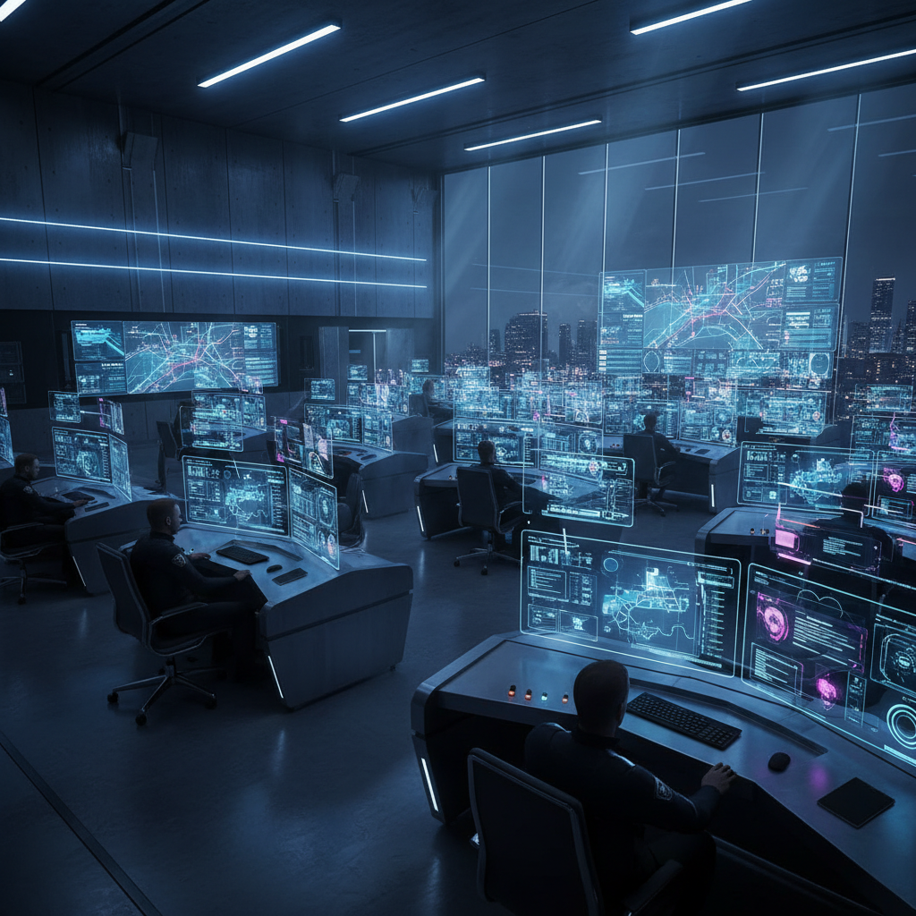 Operadores trabajando frente a múltiples pantallas digitales con gráficos de datos y mapas en una sala de control de alta tecnología con vista a una ciudad iluminada de noche.