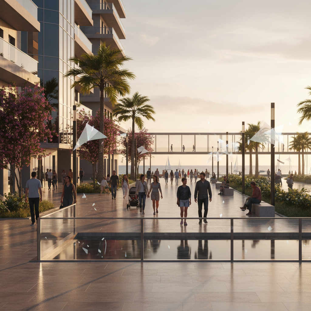 Paseo marítimo moderno con personas caminando frente a edificios residenciales y palmeras al atardecer.