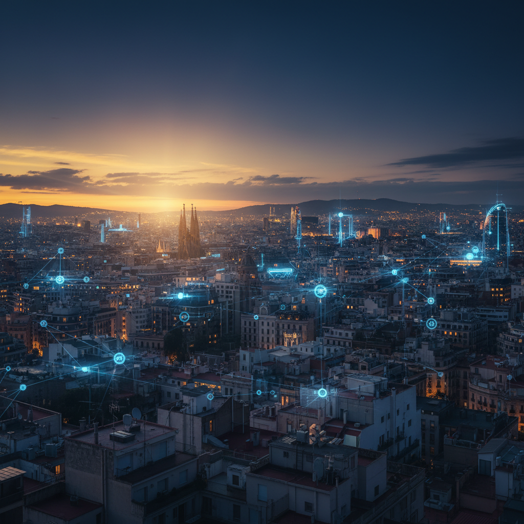 Vista panorámica de Barcelona al atardecer con una red de nodos y conexiones digitales superpuesta sobre el tejido urbano.
