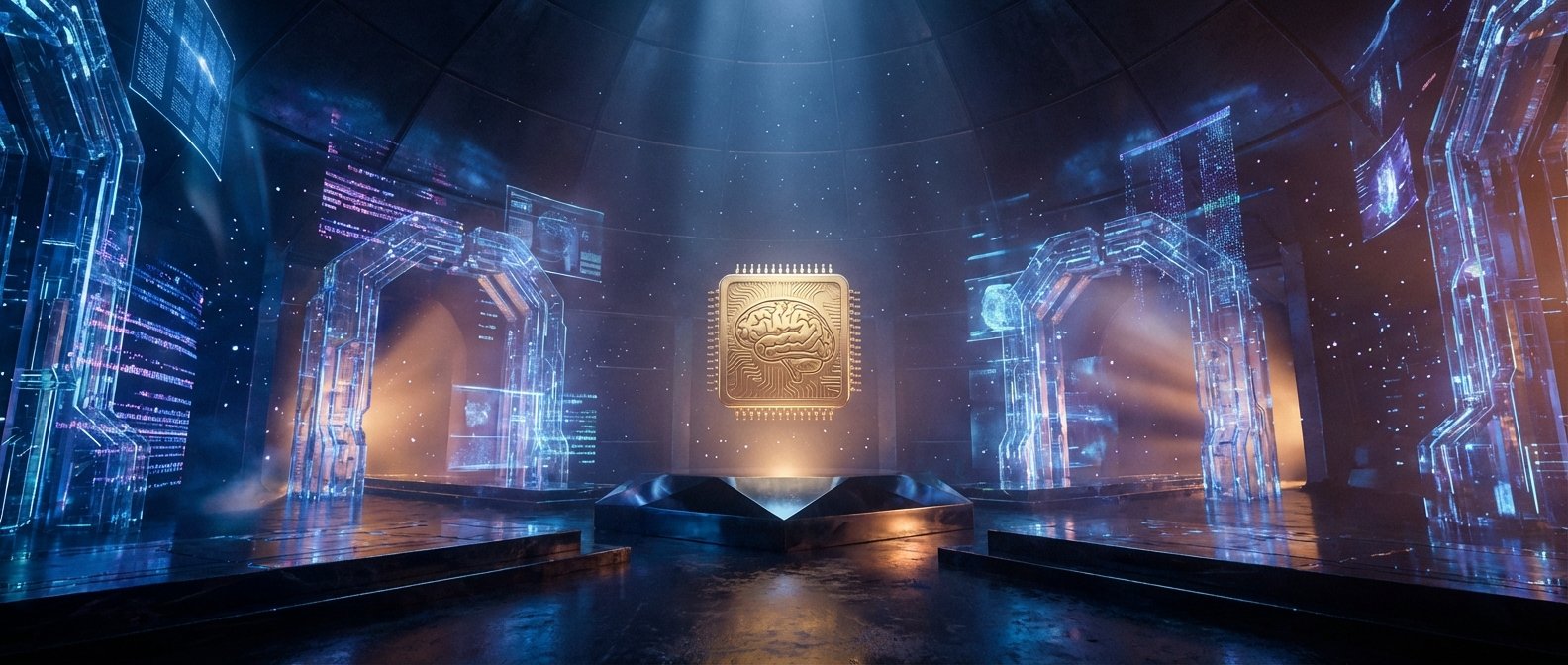 Un microchip dorado con un diseño de cerebro flotando sobre un pedestal en un entorno tecnológico futurista. La escena está iluminada por luces azules y doradas, con arcos translúcidos y pantallas holográficas mostrando datos digitales y código.