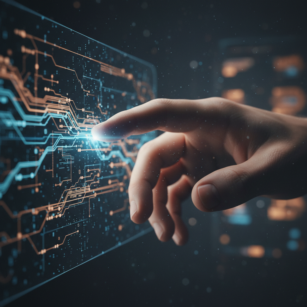 Mano humana interactuando con una interfaz digital de circuitos electrónicos y datos brillantes sobre un fondo oscuro.