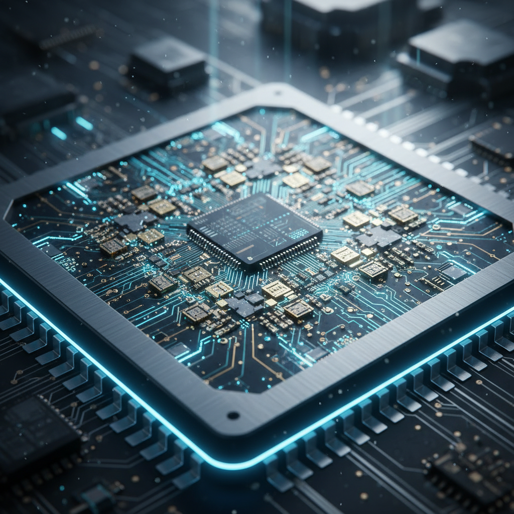 Microprocesador de alta tecnología con circuitos integrados y conexiones electrónicas iluminadas en una placa base.
