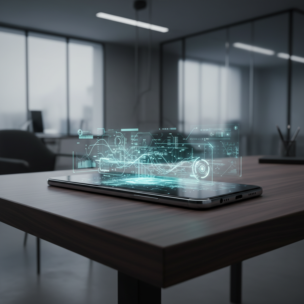 Un teléfono inteligente sobre una mesa de madera proyectando gráficos digitales y datos holográficos en una oficina moderna.