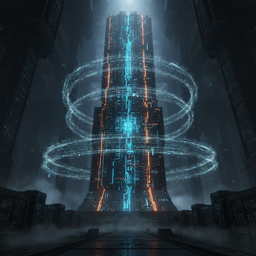Torre tecnológica futurista con circuitos brillantes y anillos de energía giratorios en un entorno industrial oscuro.