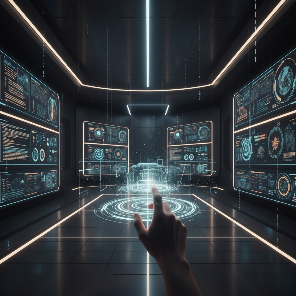 Mano humana interactuando con una interfaz de datos holográfica y futurista en una sala de control con pantallas digitales.