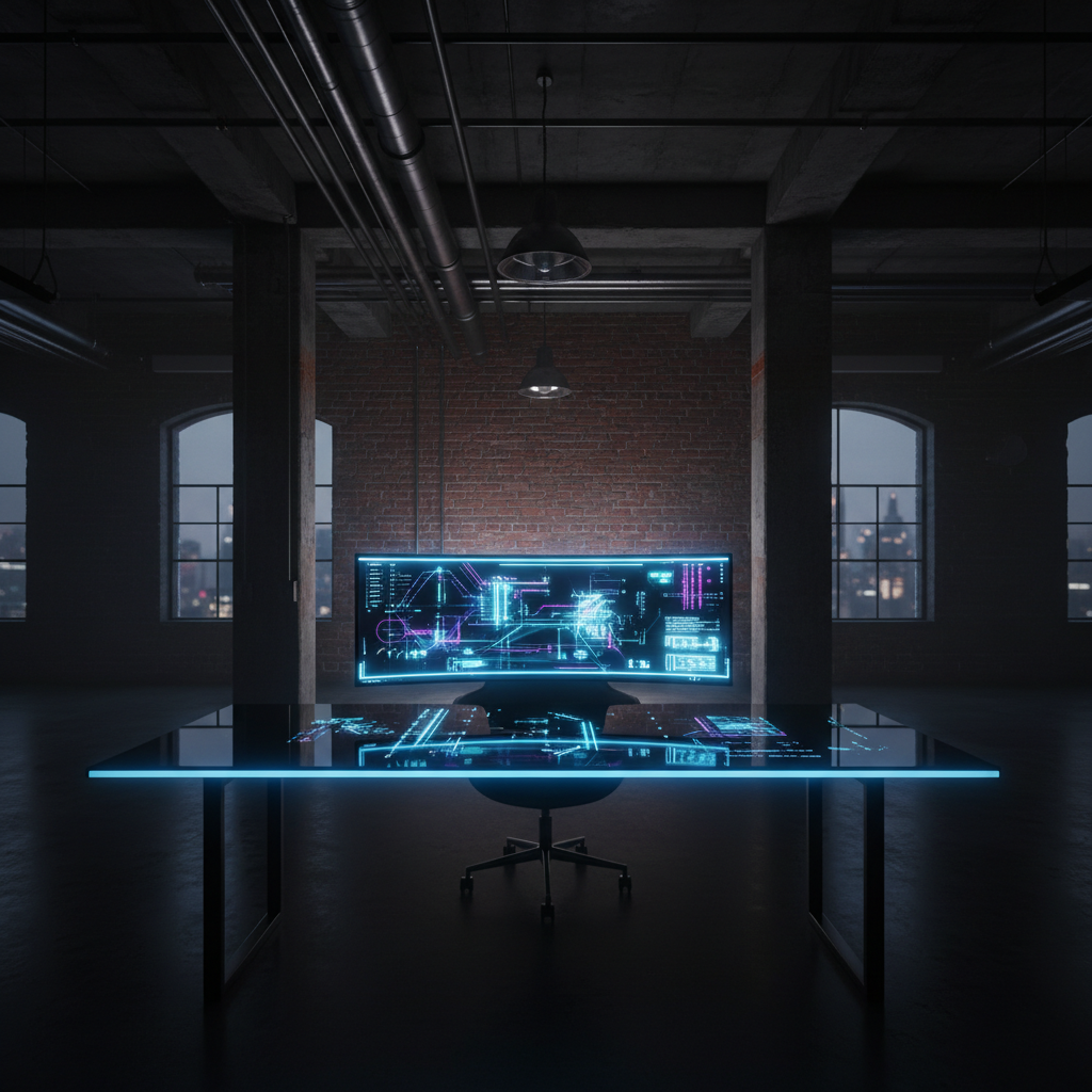 Escritorio moderno con superficie luminosa y pantalla curva con gráficos digitales en una oficina industrial.