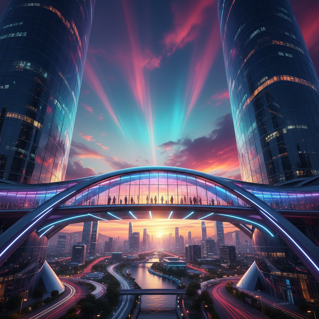 Pasarela acristalada iluminada conectando dos rascacielos futuristas sobre una ciudad al atardecer.