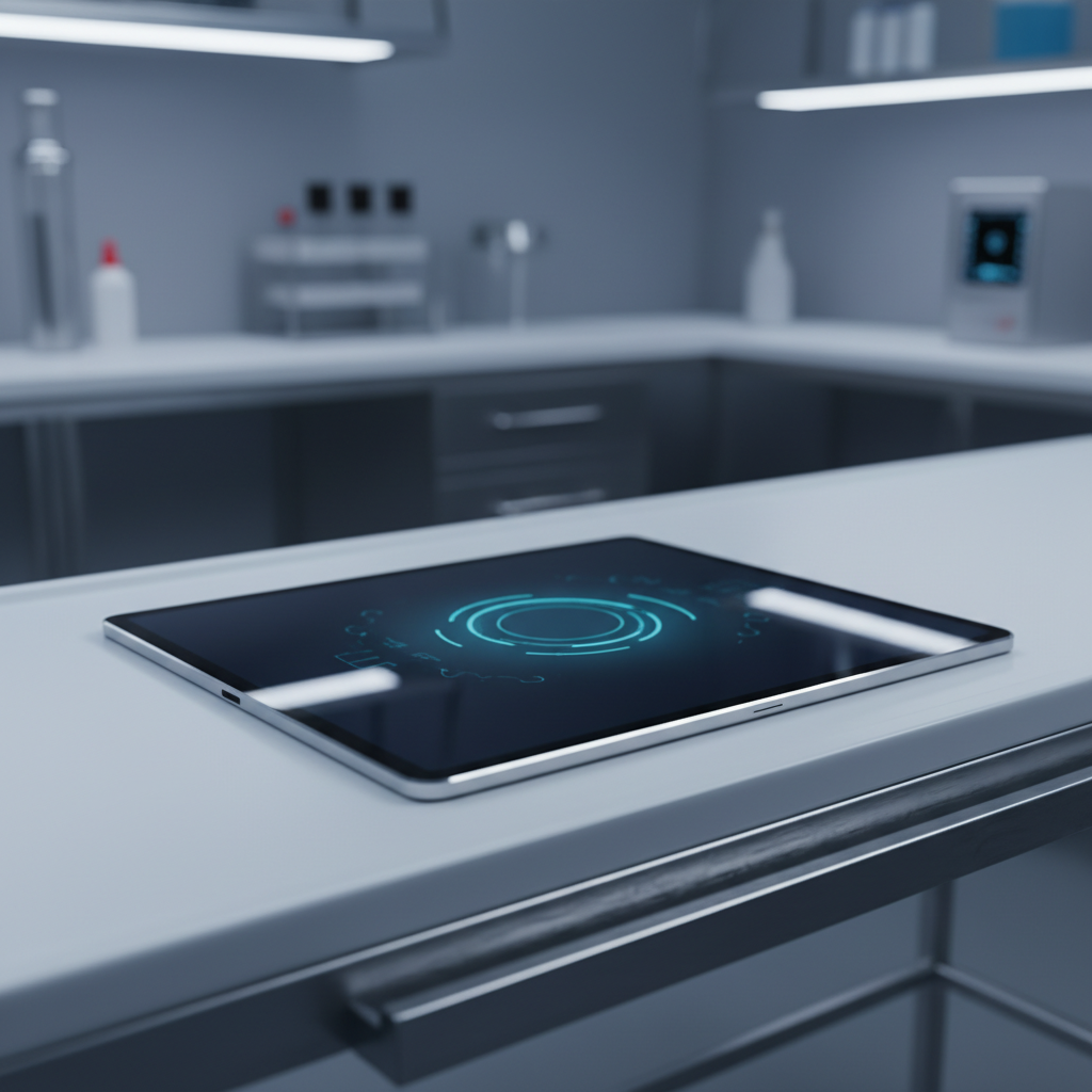 Tableta digital sobre una mesa en un laboratorio con una interfaz holográfica circular en la pantalla.