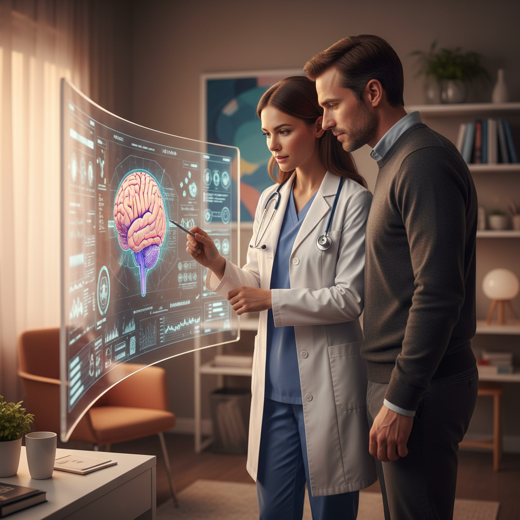 Una doctora con estetoscopio explica un modelo digital 3D de un cerebro humano a un paciente en una consulta médica moderna.