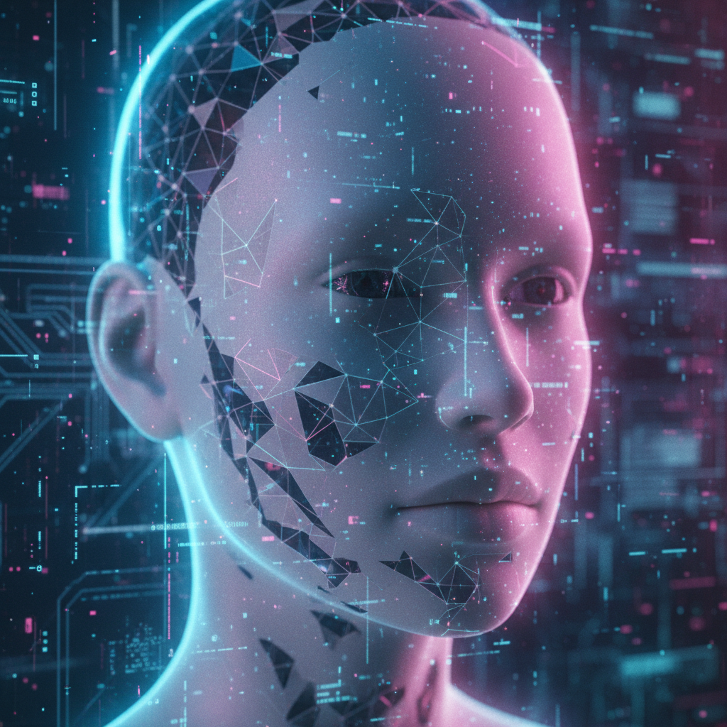 Rostro humano estilizado compuesto por una red geométrica y datos digitales sobre un fondo tecnológico con luces neón en tonos azul y rosa.