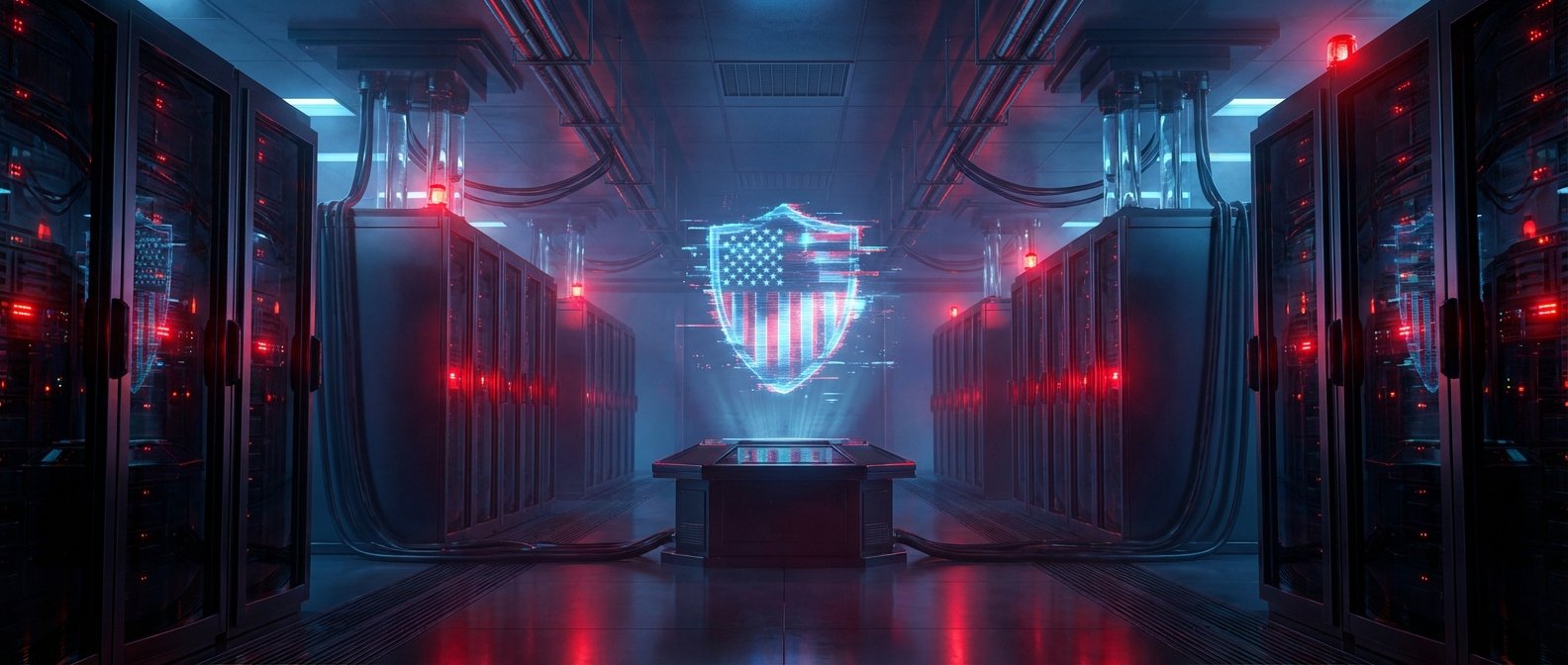 Centro de datos futurista con hileras de servidores iluminados en rojo y un holograma de un escudo con la bandera de Estados Unidos en el centro sobre una consola.