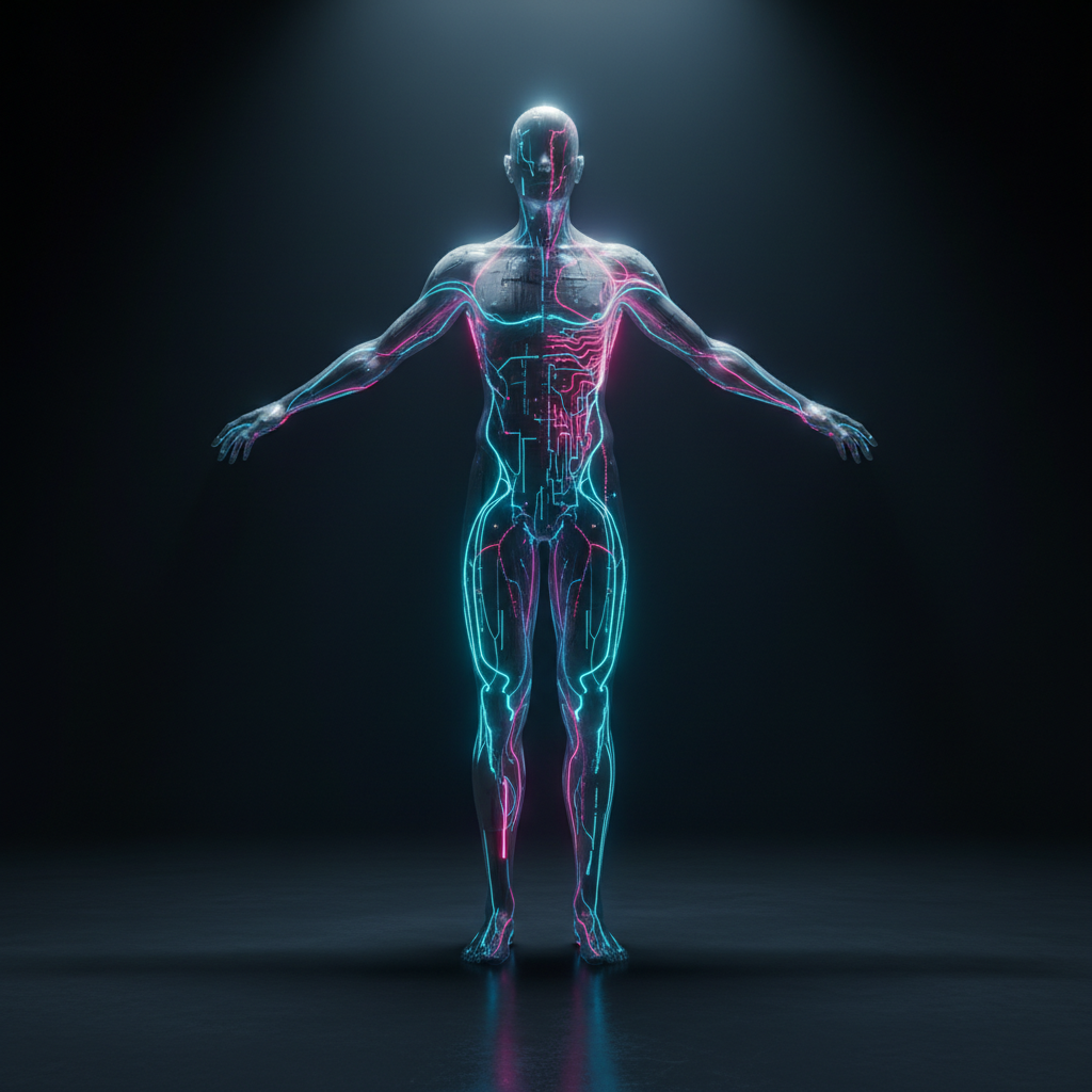Modelo humano transparente con circuitos de luz neón azul y magenta recorriendo su cuerpo sobre fondo oscuro.
