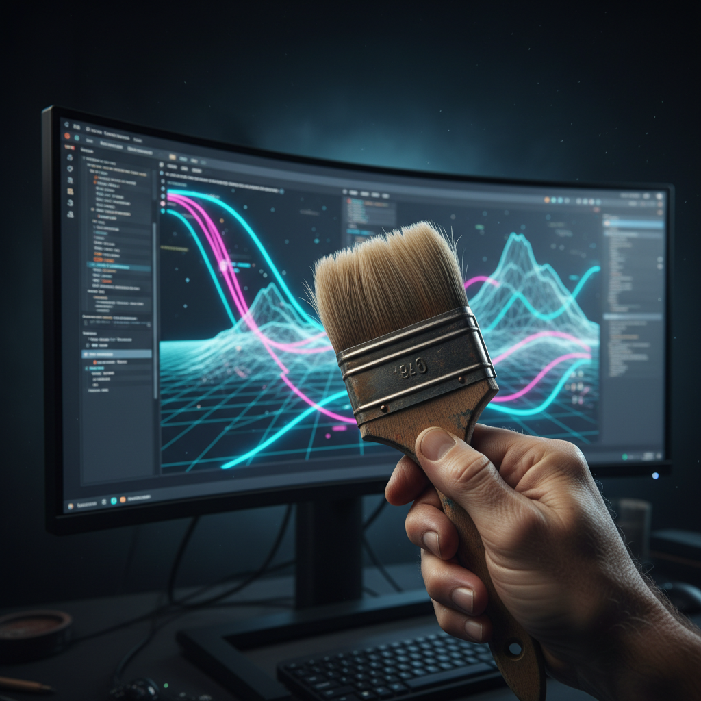 Mano sosteniendo una brocha frente a un monitor curvo que muestra gráficos de datos técnicos y líneas de tendencia.