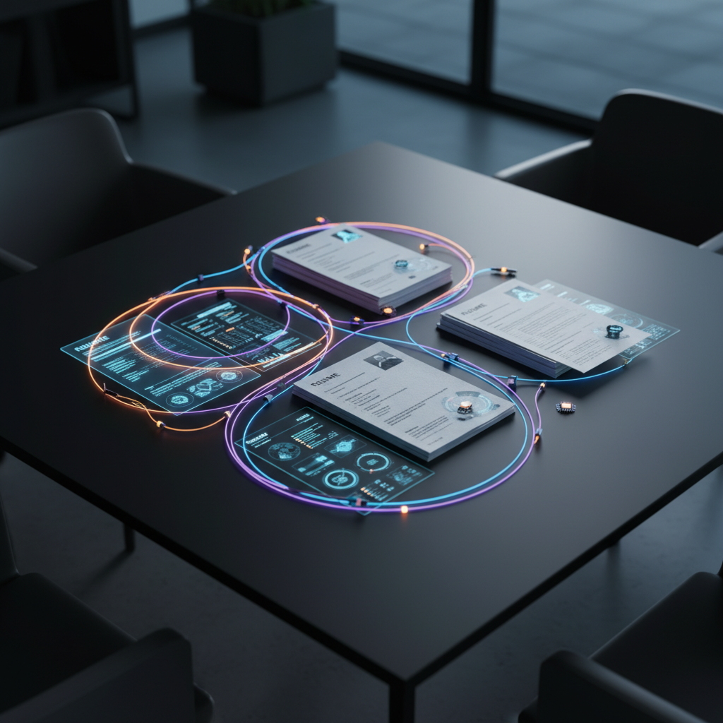 Documentos y currículums digitales con interfaces holográficas circulares sobre una mesa de oficina moderna.