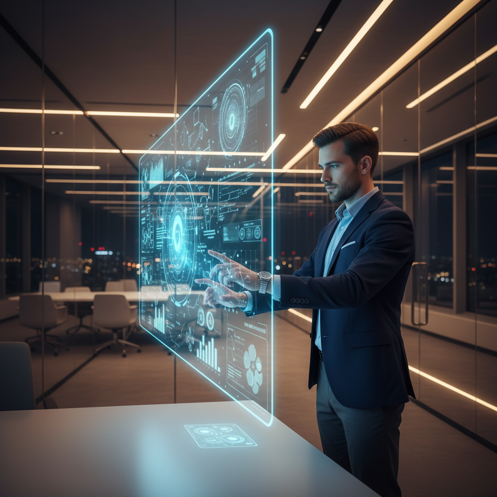 Empresario analizando datos en una interfaz holográfica digital en una oficina moderna.
