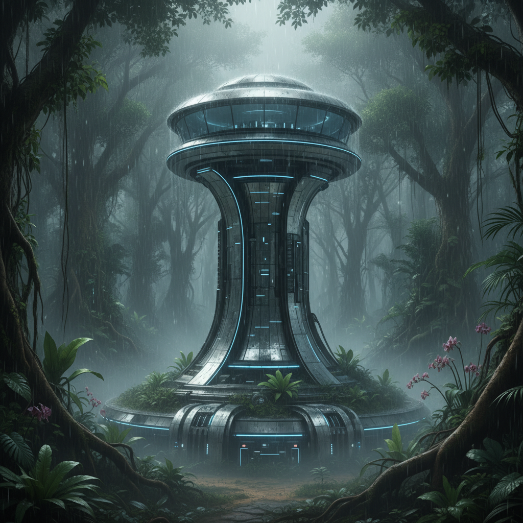 Estructura arquitectónica futurista con forma de torre metálica integrada en una selva tropical lluviosa.