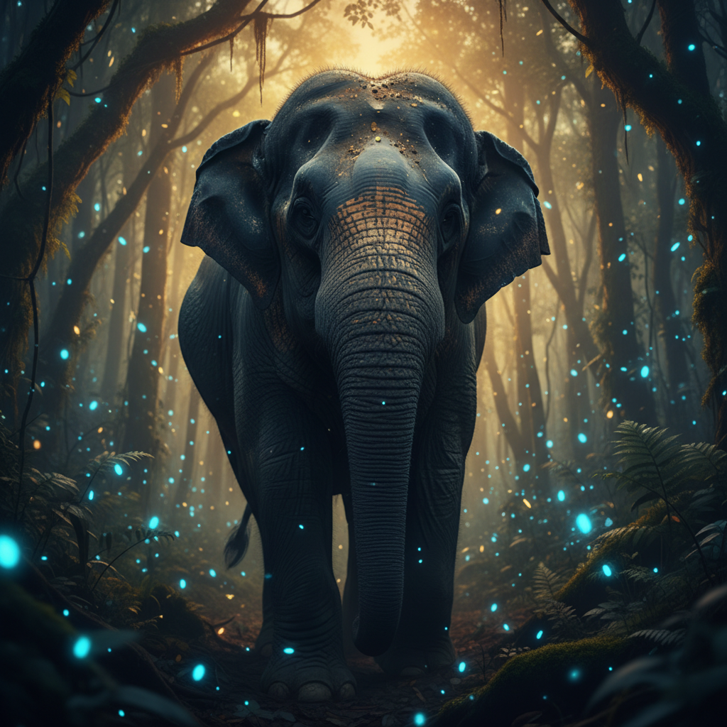 Un elefante majestuoso camina por un bosque místico lleno de luciérnagas y luz dorada.