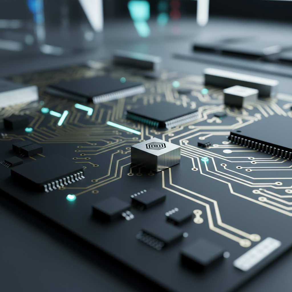 Primer plano de una placa de circuito impreso electrónica con microchips y trazas doradas brillantes.