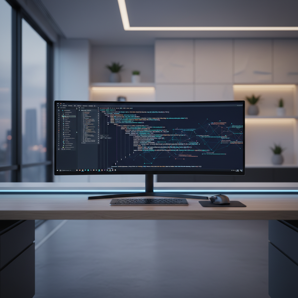 Monitor curvo ultra ancho en un escritorio de oficina moderna mostrando código de programación y diagramas de red.