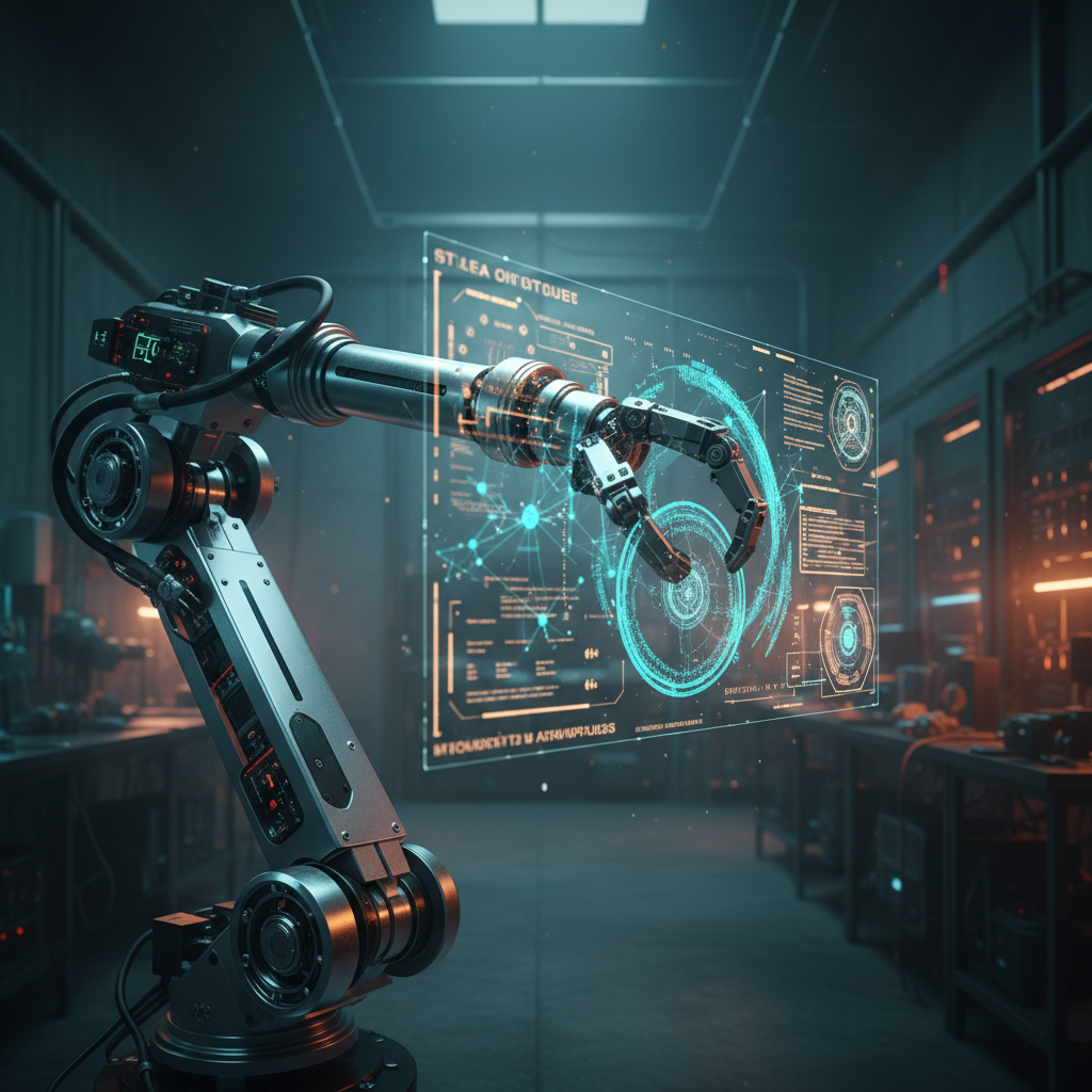 Brazo robótico industrial manipulando una interfaz holográfica digital en un laboratorio tecnológico.