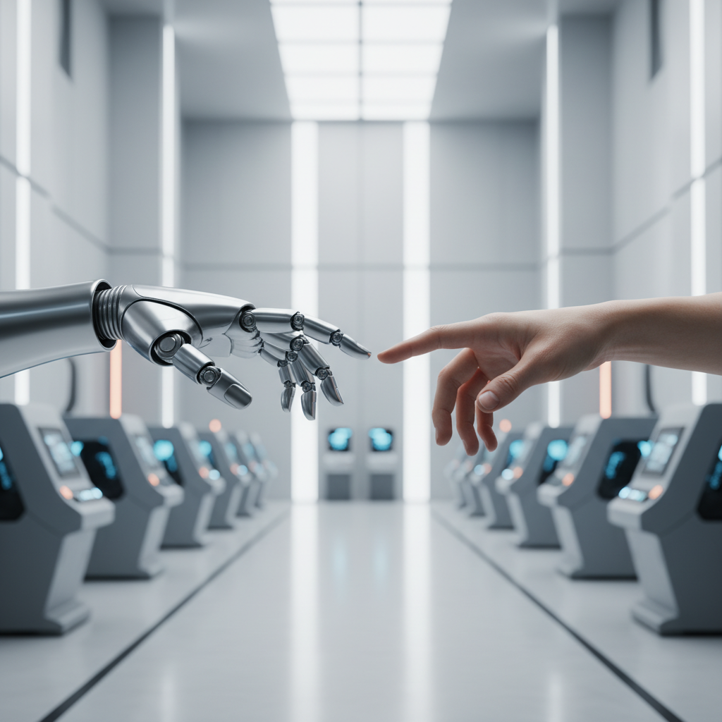 Mano robótica extendida tocando el dedo de una mano humana en un entorno tecnológico con pantallas digitales.