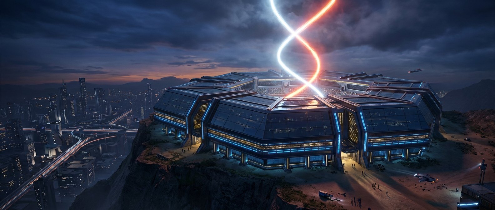 Un gran edificio futurista de diseño octogonal, iluminado con luces azules y doradas, se ubica en un acantilado. Desde su patio central, dos haces de luz brillante, uno blanco y otro naranja, se entrelazan al ascender hacia el cielo crepuscular. En el horizonte izquierdo, una vasta ciudad con rascacielos y autopistas con rastros de luz se extiende al anochecer. Varias naves espaciales y personas se observan alrededor de la estructura.
