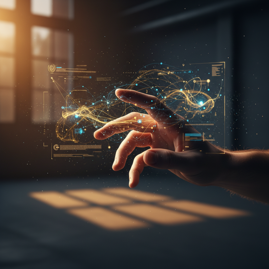 Mano humana interactuando con una interfaz holográfica de datos digitales y redes de luz en un espacio iluminado.
