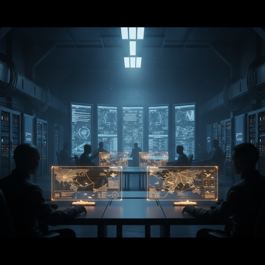 Un grupo de personas trabajando en una sala de control de alta tecnología con pantallas holográficas y monitores con mapas globales.