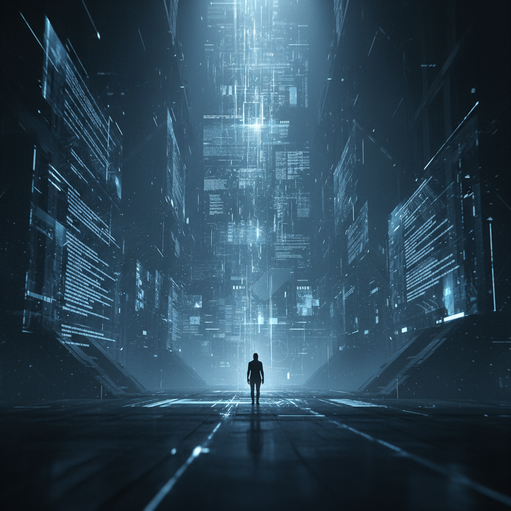 Silueta humana solitaria de pie frente a una estructura central iluminada rodeada de pantallas con datos digitales en un entorno futurista.