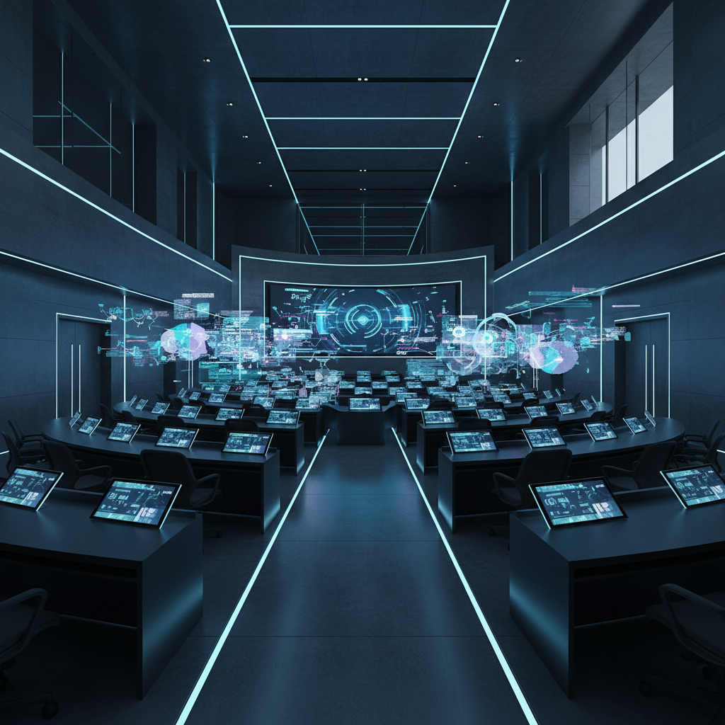 Sala de control futurista con estaciones de trabajo individuales, pantallas táctiles y gráficos holográficos de datos proyectados frente a una gran pantalla central.