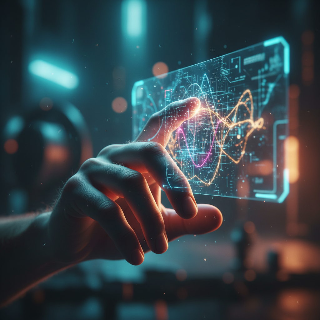 Mano humana interactuando con una interfaz holográfica digital que muestra gráficos de datos luminosos.