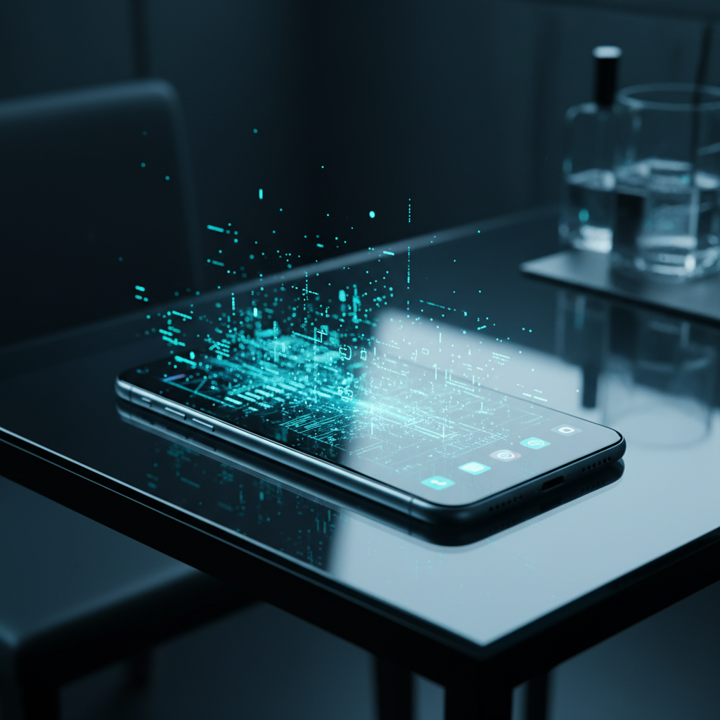 Smartphone sobre una mesa de cristal con gráficos digitales proyectados en luz azul cian.