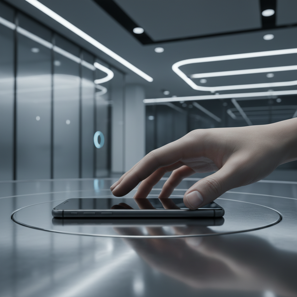 Mano humana acercándose a un teléfono móvil sobre una base metálica circular en un entorno futurista.