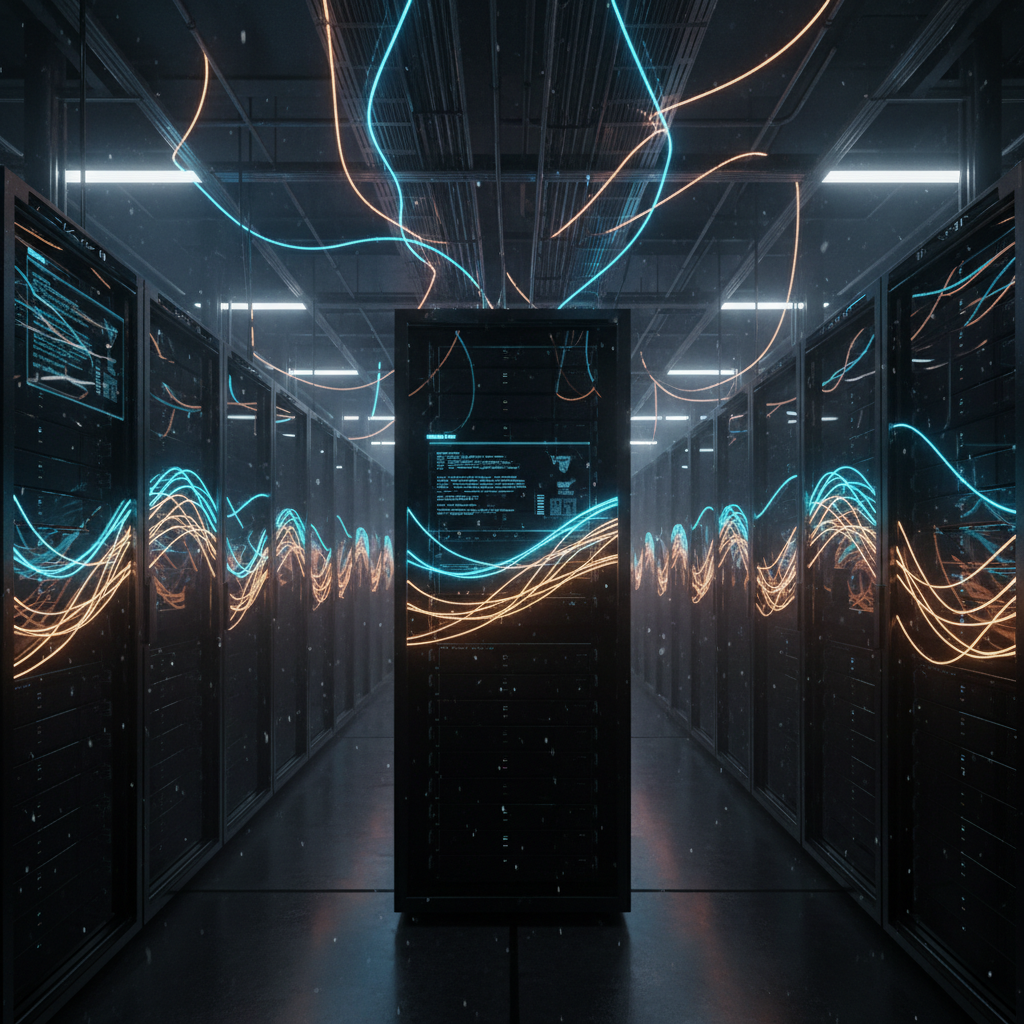 Pasillo de un centro de procesamiento de datos con filas de servidores negros y cables de fibra óptica iluminados en azul y naranja.