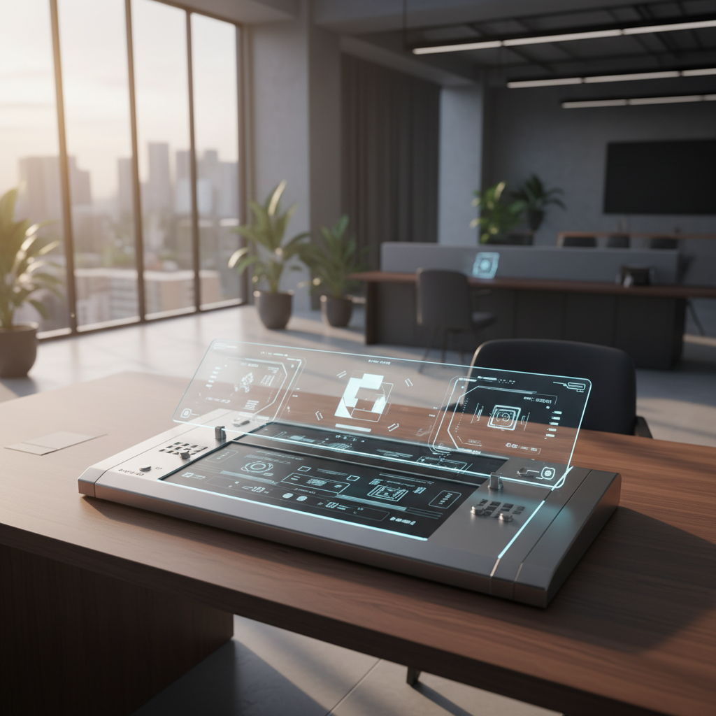 Escritorio ejecutivo de oficina con terminal tecnológica y pantalla holográfica interactiva.