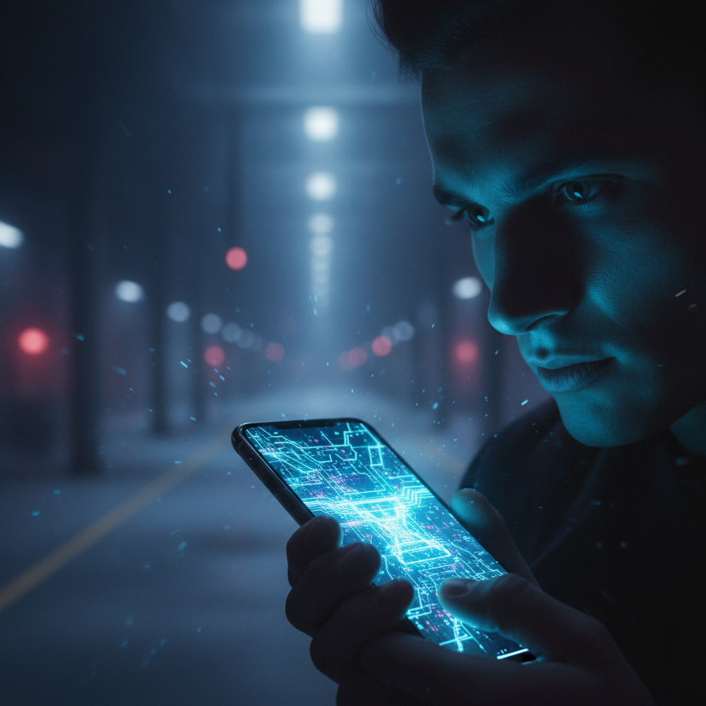 Joven mirando atentamente la pantalla de un teléfono inteligente que emite una luz azul con gráficos de circuitos digitales en un entorno nocturno.