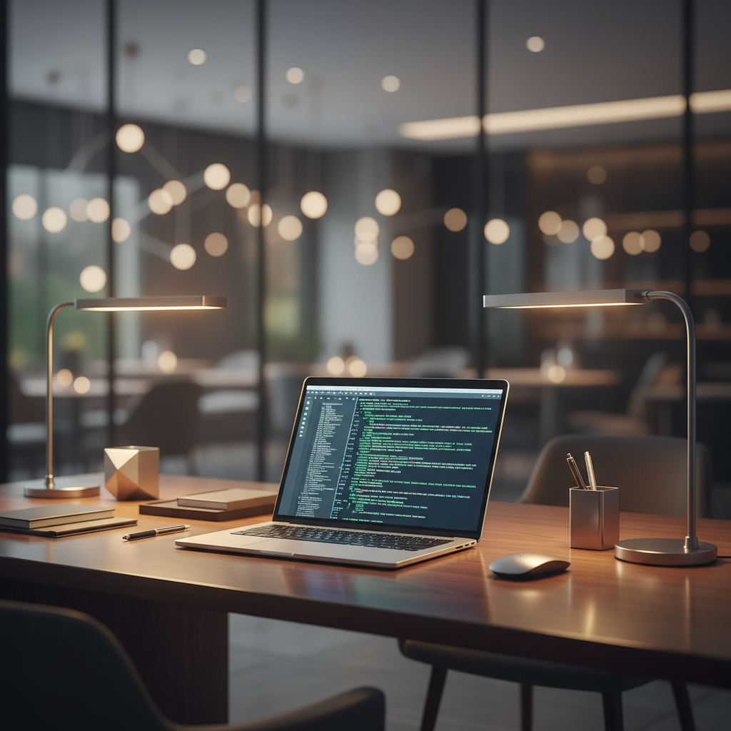 Ordenador portátil con código de programación en pantalla sobre un escritorio de madera en una oficina moderna.