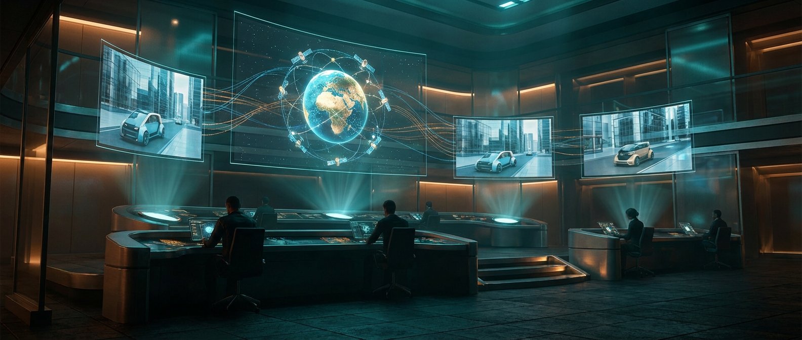 Sala de control futurista con varias personas en puestos de trabajo, frente a pantallas holográficas que muestran una Tierra rodeada de satélites y flujos de datos, y vehículos autónomos circulando por una ciudad moderna.